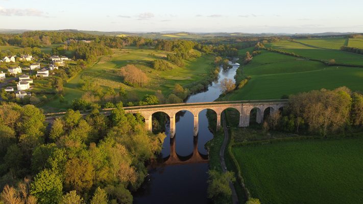 Roxburghe Viaduct in sunlight shot from above
